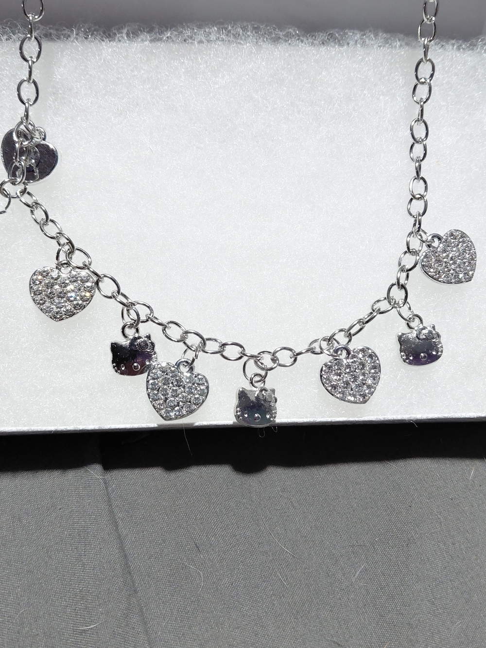 Silver Heart & Cat Charm Necklace - Sparkling Crystal Accents